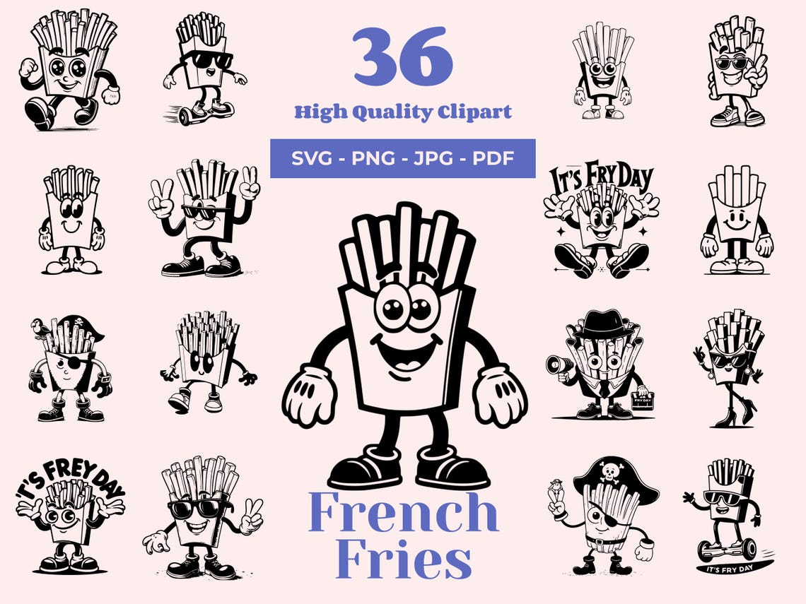 French Fries SVG Bundle: Cartoon Fast Food Clipart (36 Designs) - Etsy