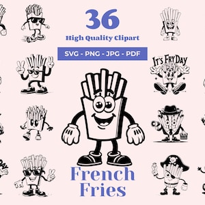 Pacchetto SVG di patatine fritte - 36 design - Clipart del giorno delle patatine fritte - Illustrazioni di fast food gustose - Arte dei cartoni animati carini - Pronti per Cricut e taglio laser