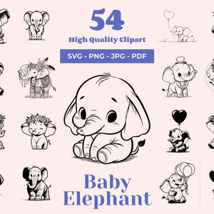 Pacchetto SVG Baby Elephant - 54 design - Baby Shower - Decorazioni per la cameretta dei bambini - Progetti Cricut - Design per magliette - Clipart