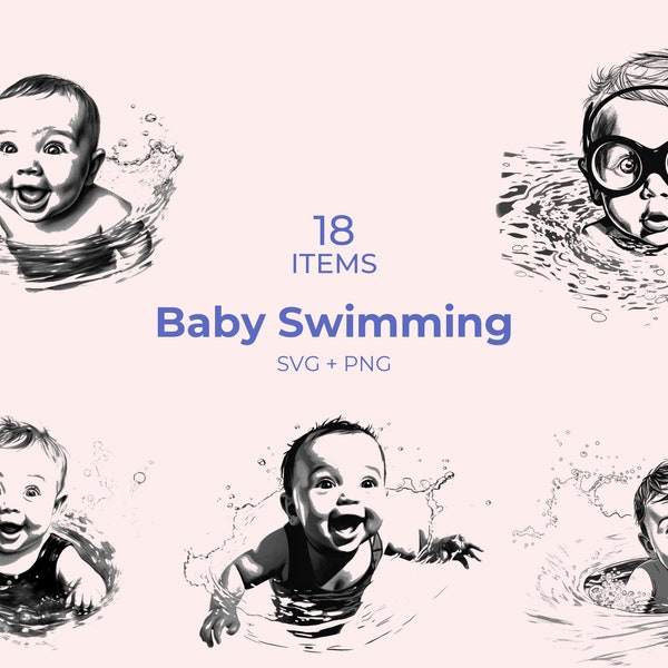 Baby Swimming SVG - 18 Adorable Designs - Black and White - Cricut Compatible - Nursery Decor - Water Fun - Instant Download