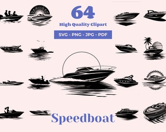 Speedboat SVG Clipart Bundle: 64 Boat Silhouettes (Digital Download)
