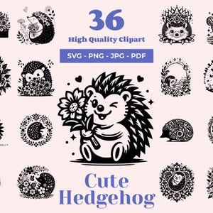 Bundle SVG hérisson mignon - 36 modèles - décoration de chambre d'enfant - Clipart hérisson floral - fichiers découpés au Laser Cricut - Illustration hérisson furtivement