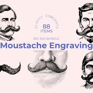 Moustache SVG Bundle - 88 Vintage Gravierungen - Schnittdateien - Klassische Gesichtsbehaarung, Dark Academia, Schwarzweiß, Barber Shop Art