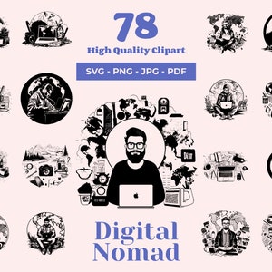 Paquete de imágenes SVG de nómadas digitales: 78 diseños de trabajo remoto (descarga digital)