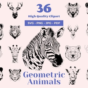 Geometrische Tierportraits SVG Bundle - 36 Abstrakte Polygonale Tiergesichter - Modernes Design - Schwarz und Weiß - Instant Download