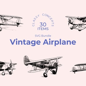 レトロ飛行機 SVG バンドル - 30 カット ファイル - ビンテージ彫刻 - ミッドセンチュリー フライト、白黒、航空史、クラシック飛行機