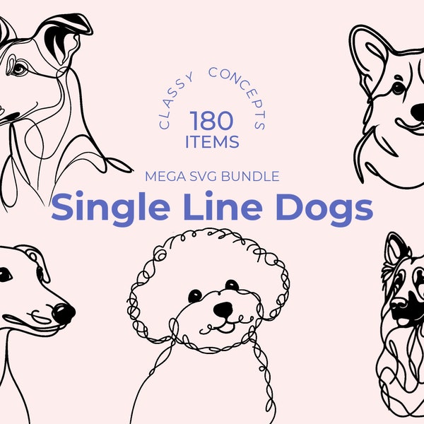 Single Line Dogs SVG Bundle - 180 Cut files - Art - Unique Pet Portraits - Digital Download - Ready for Embroidery, Laser Cut cut and Cricut