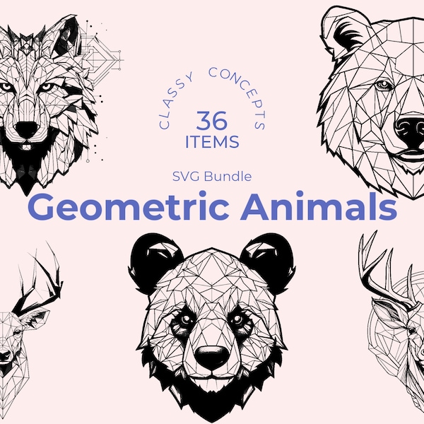 Lot de portraits géométriques d'animaux SVG - 36 visages d'animaux abstraits de style polygonal - Design moderne - noir et blanc - téléchargement immédiat