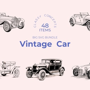 Könnte beinhalten: Ein Set mit 48 Vintage-Auto-Illustrationen in Schwarzweiß. Die Illustrationen sind im klassischen Stil gehalten und zeigen eine Vielzahl von Automodellen. Der Text "Classy Concepts 48 Items Big SVG Bundle Vintage Car" wird unter den Illustrationen angezeigt.