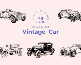 May include: A set of 48 vintage car illustrations in black and white. The illustrations are in a classic style and feature a variety of car models. The text "Classy Concepts 48 Items Big SVG Bundle Vintage Car" is displayed below the illustrations.