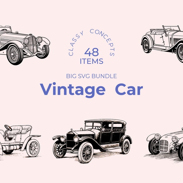 Retro Car SVG bundle - 48 Vintage engravings - Cut files - Early Automotive, Black and White, Roaring Twenties, Retro Classics