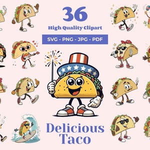Pacchetto SVG Taco - 36 Design - Cibo messicano SVG - Clipart retrò dei cartoni animati - Logo Taco Png - Sublimazione e design per magliette - Cinco de Mayo