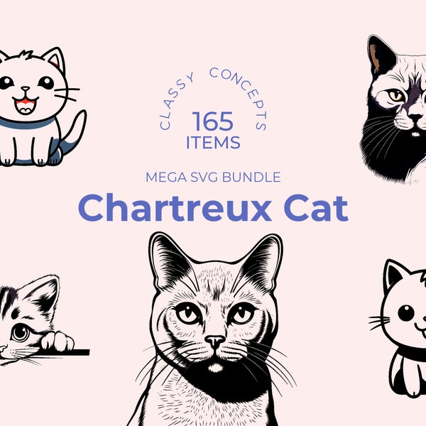 Chartreux Cat SVG Bundle - 165 Cut Files - Cat SVG - Cricut Ready - Sublimation - Pet Portrait - Cat Lover Gift