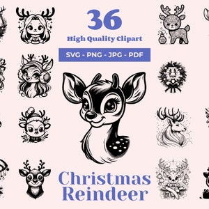 Pacchetto SVG di renne di Natale - 36 design - Clipart per le vacanze - SVG di renne carine - Clipart di Rudolph - Pronto per Cricut e taglio laser