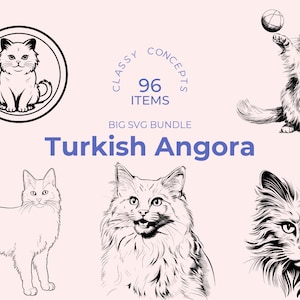 Paquete SVG de angora turca: 96 archivos de corte, compatible con Cricut, sublimación, gato feliz, regalo de gato de pelo largo, listo para grabado láser y Cricut