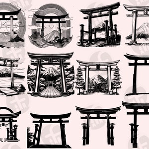 May include: A set of 12 black and white illustrations of traditional Japanese torii gates. The gates are depicted in various styles, some with mountain scenery in the background, others with simple designs. The illustrations are perfect for use in digital or print projects.