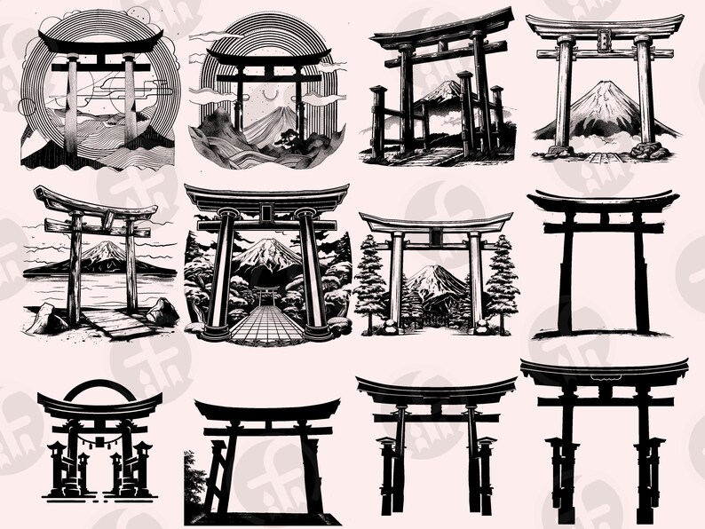 May include: A set of 12 black and white illustrations of traditional Japanese torii gates. The gates are depicted in various styles, some with mountain scenery in the background, others with simple designs. The illustrations are perfect for use in digital or print projects.