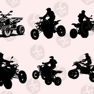 May include: Silhouettes of six people riding all-terrain vehicles (ATVs) in various poses. The ATVs are black and have four wheels. The people are wearing helmets and riding gear.