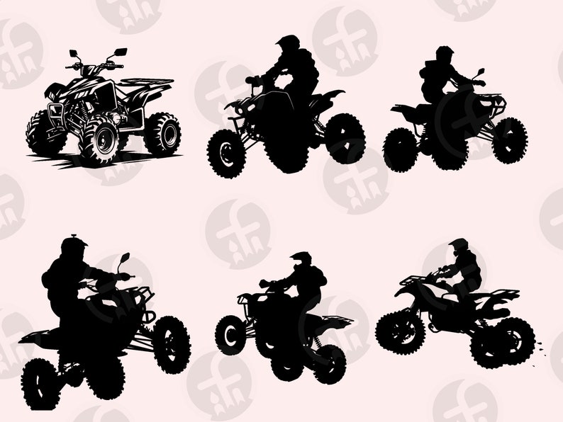 May include: Silhouettes of six people riding all-terrain vehicles (ATVs) in various poses. The ATVs are black and have four wheels. The people are wearing helmets and riding gear.