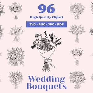 Pacchetto SVG di bouquet da sposa - 96 design - Clipart di nozze - Bouquet da sposa - Arte per inviti - Floreale - Pronto per incisione Cricut e laser