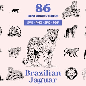 Paquete SVG de jaguar brasileño: 86 archivos de corte: gran felino de Brasil en blanco y negro, varios estilos, ideal para manualidades y decoración del hogar