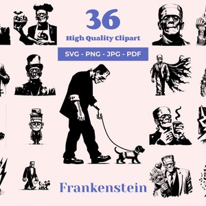 Paquete SVG de Frankenstein: 36 diseños, imágenes prediseñadas de monstruos de Halloween, ideal para láser, Cricut y Silhouette, imágenes prediseñadas de monstruos de Frankenstein