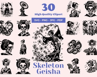Skeleton Geisha SVG Bundle: Gothic Japanese Clipart (30 Designs)