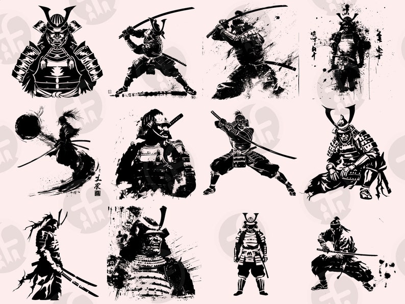 Illustrations of samurai warriors wielding katanas, striking heroic stances, and wearing ornate helmets. Circular motifs frame some figures, while others highlight dynamic combat moments. The fusion of bold ink splashes and fine details enhance