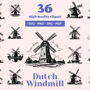 Paquete SVG de molino de viento holandés: 36 diseños, imágenes prediseñadas de molino de viento vintage, arte de grabado, compatible con láser y Cricut, decoración de granja, Glowforge svg