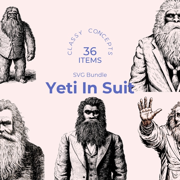 Yeti in Suit SVG bundle - 36 Vintage engravings - Cut files - Mythical Elegance, Dark Academia, Black and White, Cryptid Couture