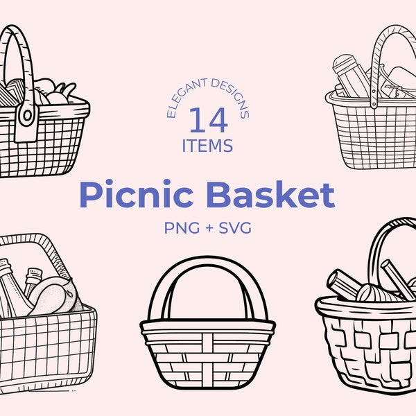 Picnic Basket SVG - 14 Minimalist artworks - Black and White - Outdoor Dining Design - Digital Download