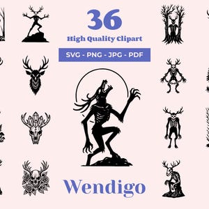 Op de afbeelding: Een verzameling van 36 hoogwaardige Wendigo-thema clipartafbeeldingen in SVG-, PNG-, JPG- en PDF-formaten. De zwart-wit illustraties tonen verschillende gestileerde Wendigo-figuren met geweien, schedels en skeletachtige kenmerken.