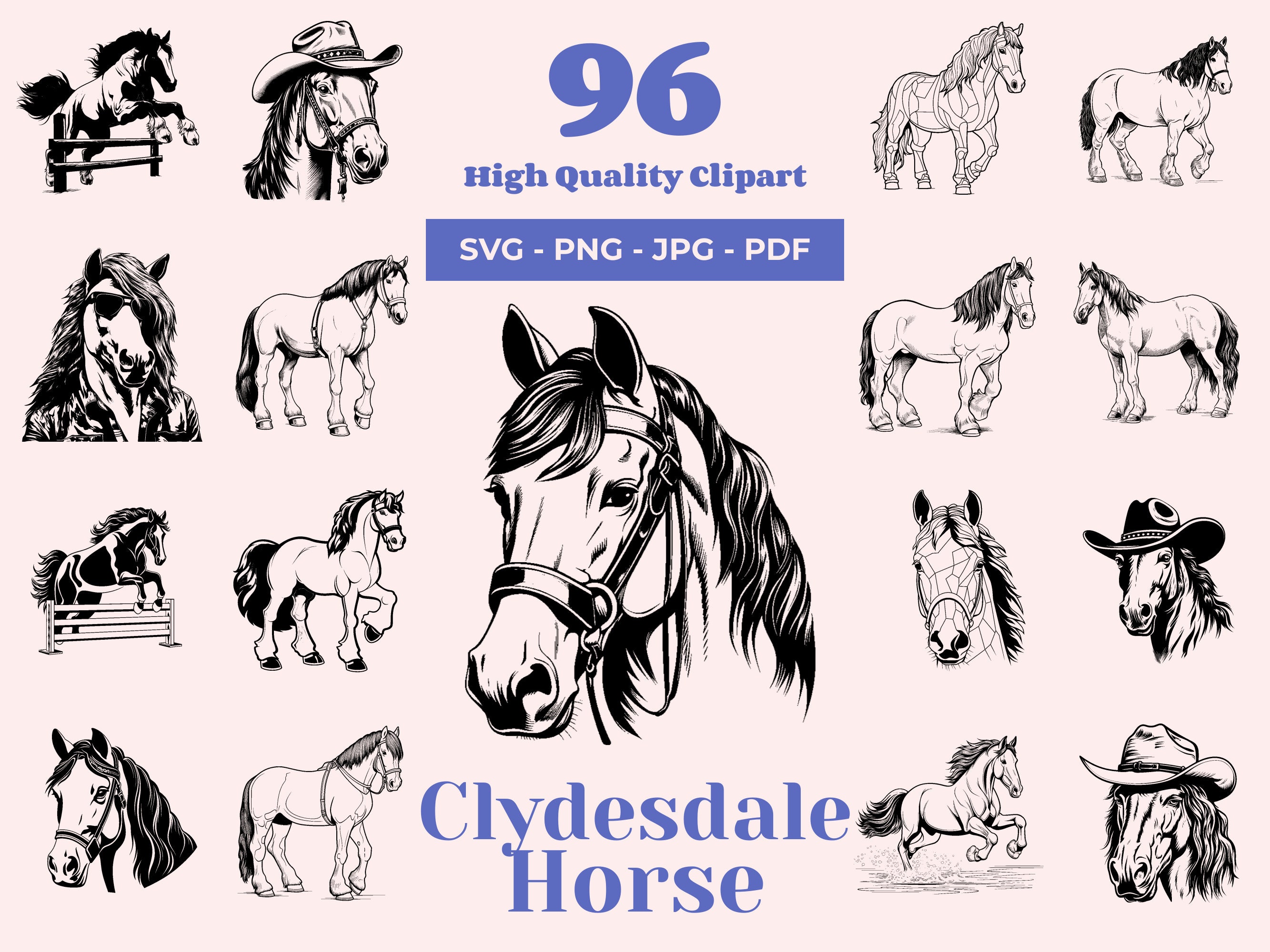 クライズデール馬 SVG バンドル: ドラフト馬デザイン 96 点 (デジタル