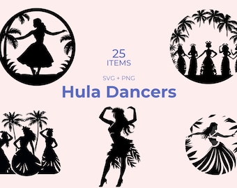 Hula Dancers Silhouette SVG - 25 Elegant Designs - Black and White Art - Cricut Compatible - Hawaiian Culture - Instant Download