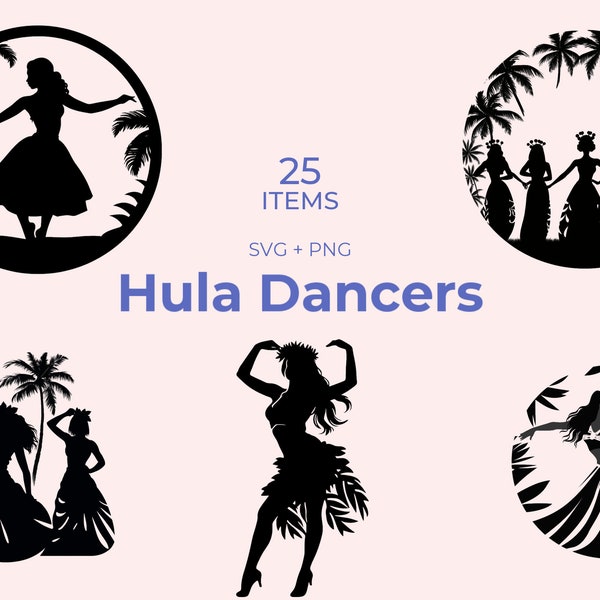 Hula Dancers Silhouette SVG - 25 Elegant Designs - Black and White Art - Cricut Compatible - Hawaiian Culture - Instant Download