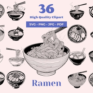 Pacote Ramen SVG - 96 arquivos de corte - Arte em tigela de macarrão japonês - Clipart de culinária em preto e branco - Designs de comida asiática