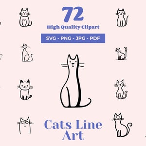 Katten zeer fijne tekeningen SVG-bundel - 72 gesneden bestanden - minimalistische kat illustraties - zwart-wit - schattige kattentekeningen - voor Cricut, silhouet, lasergesneden