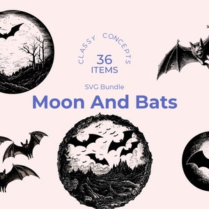 SVG-bundel maan en vleermuizen - 36 ontwerpen - Halloweendecor - laserbestanden - Nocturnal Mystique, Dark Academia, Black and White, Celestial Whimsy