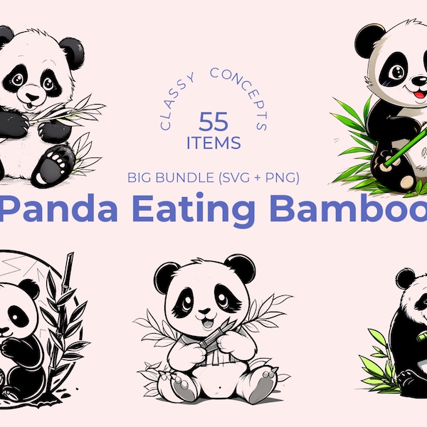 Kawaii Panda Eating Bamboo SVG - 55 Black and White Cut Files - Adorable Panda Design - Ideal for Craft and DIY Projects