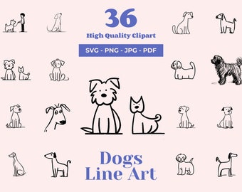 Dogs line art SVG bundle - 36 Cut files - Minimalist Cat Clip Art - Black and White - Unique Pet Design - Digital Download