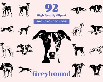 May include: A set of 92 black and white vector illustrations of a Greyhound dog in various poses. The illustrations are perfect for use in digital and print projects. SVG - PNG - JPG - PDF.