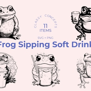 SVG Frog Drinking Soft Drink - 11 Black and White Cut Files - Cute Frog Design - Craft and DIY Projects