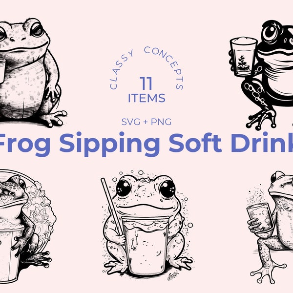 SVG Frog Drinking Soft Drink - 11 Black and White Cut Files - Cute Frog Design - Craft and DIY Projects