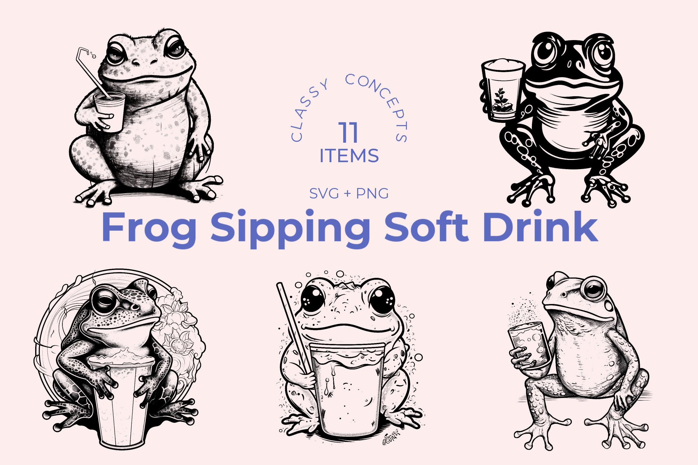 SVG Frog Drinking Soft Drink - 11 Black and White Cut Files - Cute Frog Design - Craft and DIY Projects