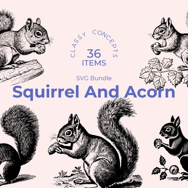 Squirrel and Acorn SVG bundle - 36 Vintage engravings - Cut files - Forest Whimsy, Dark Academia, Black and White, Nature-Inspired