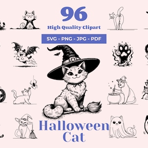 Pacote SVG de gato de Halloween - 96 designs - Arquivos SVG para Cricut - SVG engraçado de Halloween - Clipart de Halloween - Svg fofo de Halloween - Gato fantasma
