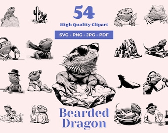 May include: A set of 54 black and white clipart images of bearded dragons in various poses and situations. The images include a bearded dragon wearing sunglasses, a bearded dragon playing a guitar, a bearded dragon riding a skateboard, and a bearded dragon wearing a hat. The text "Bearded Dragon" is written in large letters at the bottom of the image.
