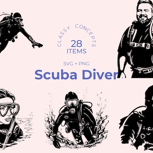 Puede incluir: Un conjunto de 28 ilustraciones en blanco y negro de buceadores en varias poses. Las ilustraciones son de estilo vintage y presentan detalles como equipo de buceo, burbujas y agua.