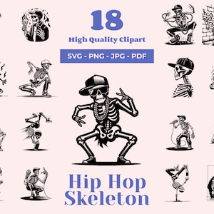 Paquete SVG de esqueletos de hip hop: 18 diseños, imágenes prediseñadas de rap, ritmos callejeros, esqueletos de rapero, arte callejero imprimible, archivos láser, Cricut SVG