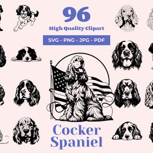 コッカー スパニエル SVG バンドル - 96 カット ファイル - アメリカン コッカー スパニエル - 犬のクリップアート - アメリカン ドッグ アート - Cricut およびレーザー カッティング用のシルエット